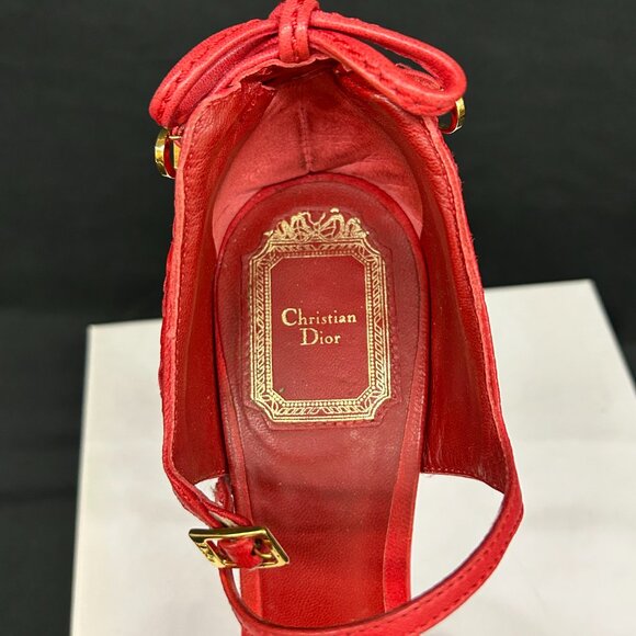 Christian Dior Soft Lady Dior Red Leather Woven Peep Toe Heels Shoes 37.5 7.5 - Picture 5 of 12